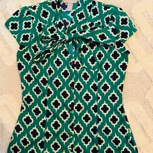 Banana Republic Green Black White Geometric Tie-Neck Blouse
